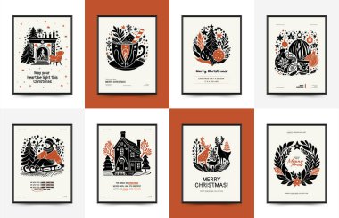 Mutlu Noeller ve mutlu yıllar dikey uçucu ya da poster şablonu. Modern trend Matisse minimal tarzı. Duvar kağıdı, duvar dekoru, baskı, kartpostal, kapak, şablon, pankart için el çizimi tasarımı.