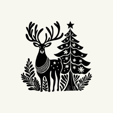 Mutlu Noeller ve mutlu yıllar illüstrasyonları, tebrik kartları, posterler, tatil örtüleri için. Xmas şenlikli linocut siyah el çizimi.