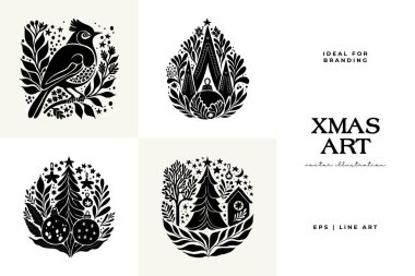 Mutlu Noeller ve mutlu yıllar illüstrasyonları, tebrik kartları, posterler, tatil örtüleri için. Xmas şenlikli linocut siyah el çizimi.