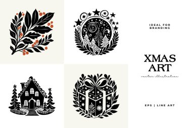 Mutlu Noeller ve mutlu yıllar illüstrasyonları, tebrik kartları, posterler, tatil örtüleri için. Xmas şenlikli linocut siyah el çizimi.