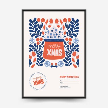 Mutlu Noeller ve mutlu yıllar dikey uçucu ya da poster şablonu. Modern trend Matisse minimal tarzı. Duvar kağıdı, duvar dekoru, baskı, kartpostal, kapak, şablon, pankart için el çizimi tasarımı.
