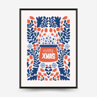 Mutlu Noeller ve mutlu yıllar dikey uçucu ya da poster şablonu. Modern trend Matisse minimal tarzı. Duvar kağıdı, duvar dekoru, baskı, kartpostal, kapak, şablon, pankart için el çizimi tasarımı.