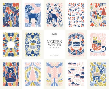 Mutlu Noeller ve mutlu yıllar illüstrasyonu. Modern trend Matisse minimal tarzı. Duvar kağıdı, duvar dekoru, baskı, kartpostal, kapak, şablon, pankart için el çizimi tasarımı.