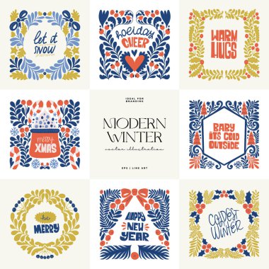 Mutlu Noeller ve mutlu yıllar illüstrasyonu. Modern trend Matisse minimal tarzı. Duvar kağıdı, duvar dekoru, baskı, kartpostal, kapak, şablon, pankart için el çizimi tasarımı.