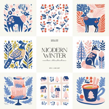 Mutlu Noeller ve mutlu yıllar illüstrasyonu. Modern trend Matisse minimal tarzı. Duvar kağıdı, duvar dekoru, baskı, kartpostal, kapak, şablon, pankart için el çizimi tasarımı.