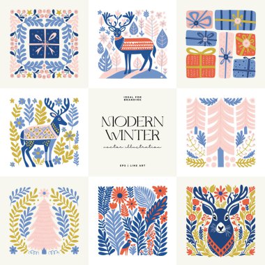 Mutlu Noeller ve mutlu yıllar illüstrasyonu. Modern trend Matisse minimal tarzı. Duvar kağıdı, duvar dekoru, baskı, kartpostal, kapak, şablon, pankart için el çizimi tasarımı.