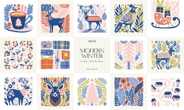 Mutlu Noeller ve mutlu yıllar illüstrasyonu. Modern trend Matisse minimal tarzı. Duvar kağıdı, duvar dekoru, baskı, kartpostal, kapak, şablon, pankart için el çizimi tasarımı.