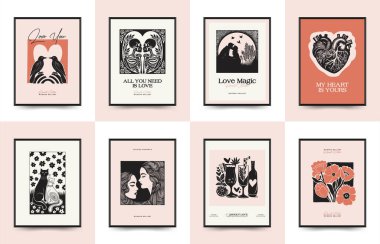 Modern Valentine's day vertical flyer or poster template. Love hand drawn trendy illustration.