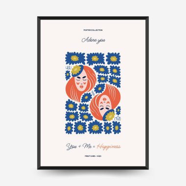 Modern Romantik, Sevgililer Günü dikey uçucusu veya poster şablonu. Aşk el çizimi moda illüstrasyon.