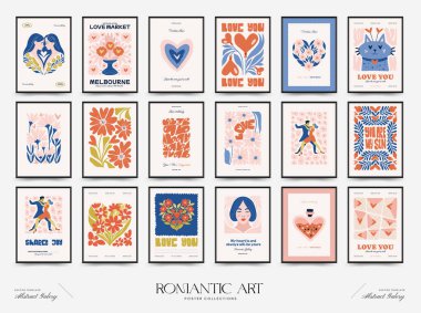 Modern Romantik, Sevgililer Günü dikey uçucusu veya poster şablonu. Aşk el çizimi moda illüstrasyon.