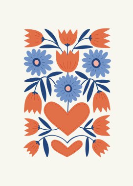 Modern Romantik, Sevgililer Günü dikey uçucusu veya poster şablonu. Aşk el çizimi moda illüstrasyon. (Çoklu değerler)