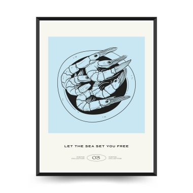 Su altı dünyası, okyanus, deniz, balık ve deniz kabukları dikey uçucu ya da poster şablonu. Modern trend Matisse minimal tarzı. Duvar kağıdı, duvar dekoru, baskı, kartpostal, kapak, şablon, pankart için el çizimi tasarımı.