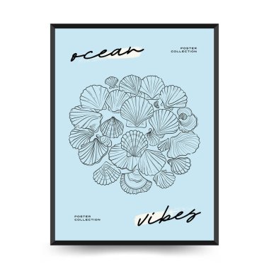 Su altı dünyası, okyanus, deniz, balık ve deniz kabukları dikey uçucu ya da poster şablonu. Modern trend Matisse minimal tarzı. Duvar kağıdı, duvar dekoru, baskı, kartpostal, kapak, şablon, pankart için el çizimi tasarımı.