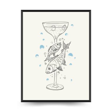 Su altı dünyası, okyanus, deniz, balık ve deniz kabukları dikey uçucu ya da poster şablonu. Modern trend Matisse minimal tarzı. Duvar kağıdı, duvar dekoru, baskı, kartpostal, kapak, şablon, pankart için el çizimi tasarımı.