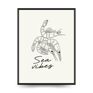 Su altı dünyası, okyanus, deniz, balık ve deniz kabukları dikey uçucu ya da poster şablonu. Modern trend Matisse minimal tarzı. Duvar kağıdı, duvar dekoru, baskı, kartpostal, kapak, şablon, pankart için el çizimi tasarımı.