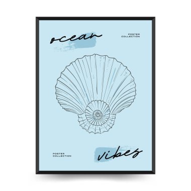 Su altı dünyası, okyanus, deniz, balık ve deniz kabukları dikey uçucu ya da poster şablonu. Modern trend Matisse minimal tarzı. Duvar kağıdı, duvar dekoru, baskı, kartpostal, kapak, şablon, pankart için el çizimi tasarımı.