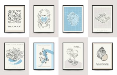 Su altı dünyası, okyanus, deniz, balık ve deniz kabukları dikey uçucu ya da poster şablonu. Modern trend Matisse minimal tarzı. Duvar kağıdı, duvar dekoru, baskı, kartpostal, kapak, şablon, pankart için el çizimi tasarımı.