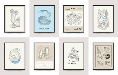 Su altı dünyası, okyanus, deniz, balık ve deniz kabukları dikey uçucu ya da poster şablonu. Modern trend Matisse minimal tarzı. Duvar kağıdı, duvar dekoru, baskı, kartpostal, kapak, şablon, pankart için el çizimi tasarımı.