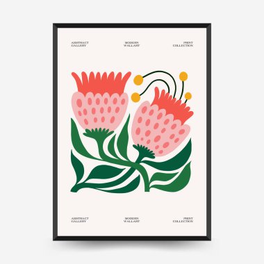 Soyut çiçek posterleri şablonu. Modern trend Matisse minimal tarzı. Tropik orman. Duvar kağıdı, duvar dekoru, baskı, kartpostal, kapak, şablon, pankart için el çizimi tasarımı. 