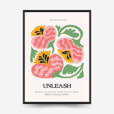 Soyut çiçek posterleri şablonu. Modern trend Matisse minimal tarzı. Tropik orman. Duvar kağıdı, duvar dekoru, baskı, kartpostal, kapak, şablon, pankart için el çizimi tasarımı. 