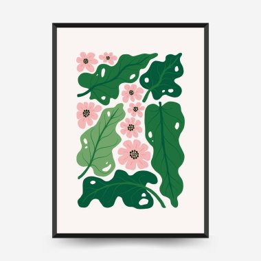 Soyut çiçek posterleri şablonu. Modern trend Matisse minimal tarzı. Tropik orman. Duvar kağıdı, duvar dekoru, baskı, kartpostal, kapak, şablon, pankart için el çizimi tasarımı. 