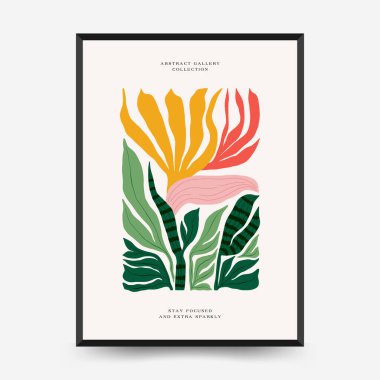 Soyut çiçek posterleri şablonu. Modern trend Matisse minimal tarzı. Tropik orman. Duvar kağıdı, duvar dekoru, baskı, kartpostal, kapak, şablon, pankart için el çizimi tasarımı. 