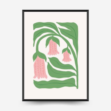 Soyut çiçek posterleri şablonu. Modern trend Matisse minimal tarzı. Tropik orman. Duvar kağıdı, duvar dekoru, baskı, kartpostal, kapak, şablon, pankart için el çizimi tasarımı. 