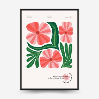 Soyut çiçek posterleri şablonu. Modern trend Matisse minimal tarzı. Tropik orman. Duvar kağıdı, duvar dekoru, baskı, kartpostal, kapak, şablon, pankart için el çizimi tasarımı. 