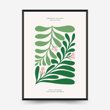 Soyut çiçek posterleri şablonu. Modern trend Matisse minimal tarzı. Tropik orman. Duvar kağıdı, duvar dekoru, baskı, kartpostal, kapak, şablon, pankart için el çizimi tasarımı. 