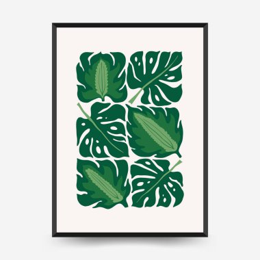 Soyut çiçek posterleri şablonu. Modern trend Matisse minimal tarzı. Tropik orman. Duvar kağıdı, duvar dekoru, baskı, kartpostal, kapak, şablon, pankart için el çizimi tasarımı. 