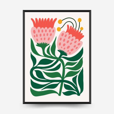 Soyut çiçek posterleri şablonu. Modern trend Matisse minimal tarzı. Tropik orman. Duvar kağıdı, duvar dekoru, baskı, kartpostal, kapak, şablon, pankart için el çizimi tasarımı. 