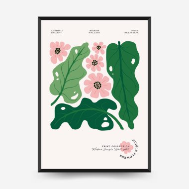 Soyut çiçek posterleri şablonu. Modern trend Matisse minimal tarzı. Tropik orman. Duvar kağıdı, duvar dekoru, baskı, kartpostal, kapak, şablon, pankart için el çizimi tasarımı. 