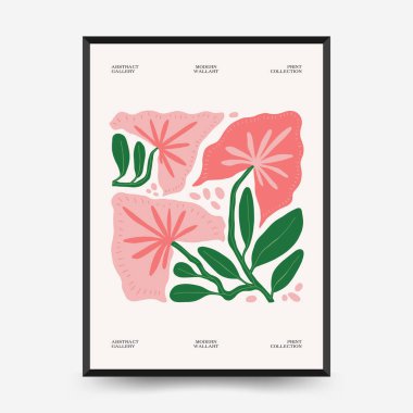 Soyut çiçek posterleri şablonu. Modern trend Matisse minimal tarzı. Tropik orman. Duvar kağıdı, duvar dekoru, baskı, kartpostal, kapak, şablon, pankart için el çizimi tasarımı. 