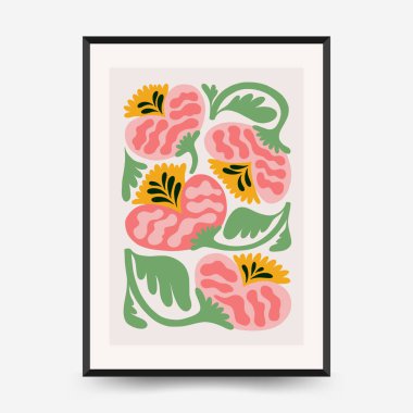 Soyut çiçek posterleri şablonu. Modern trend Matisse minimal tarzı. Tropik orman. Duvar kağıdı, duvar dekoru, baskı, kartpostal, kapak, şablon, pankart için el çizimi tasarımı. 