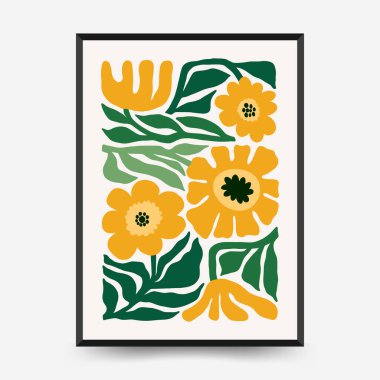 Soyut çiçek posterleri şablonu. Modern trend Matisse minimal tarzı. Tropik orman. Duvar kağıdı, duvar dekoru, baskı, kartpostal, kapak, şablon, pankart için el çizimi tasarımı. 