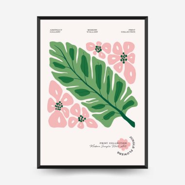 Soyut çiçek posterleri şablonu. Modern trend Matisse minimal tarzı. Tropik orman. Duvar kağıdı, duvar dekoru, baskı, kartpostal, kapak, şablon, pankart için el çizimi tasarımı. 