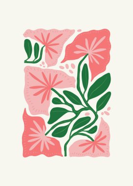 Çiçek soyut elementler. Tropik botanik kompozisyonu. Modern trend Matisse minimal tarzı. Çiçek posteri, davet. Tebrik kartı veya davet tasarımı için vektör düzenlemeleri
