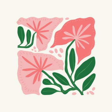 Çiçek soyut elementler. Tropik botanik kompozisyonu. Modern trend Matisse minimal tarzı. Çiçek posteri, davet. Tebrik kartı veya davet tasarımı için vektör düzenlemeleri