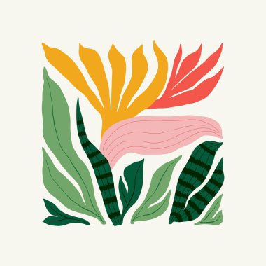 Çiçek soyut elementler. Tropik botanik kompozisyonu. Modern trend Matisse minimal tarzı. Çiçek posteri, davet. Tebrik kartı veya davet tasarımı için vektör düzenlemeleri