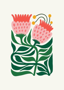 Çiçek soyut elementler. Tropik botanik kompozisyonu. Modern trend Matisse minimal tarzı. Çiçek posteri, davet. Tebrik kartı veya davet tasarımı için vektör düzenlemeleri