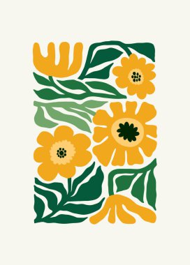 Çiçek soyut elementler. Tropik botanik kompozisyonu. Modern trend Matisse minimal tarzı. Çiçek posteri, davet. Tebrik kartı veya davet tasarımı için vektör düzenlemeleri
