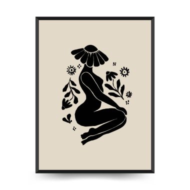 Vücut, kadın ve çiçekli Modern Sanat Posteri. Matisse Soyut Set, Estetik Modern, Boho Dekor, Minimalist, İllüstrasyon, Vector, Poster, Kartpostal. Estetik minimalist tasarım. Vektör illüstrasyonları.
