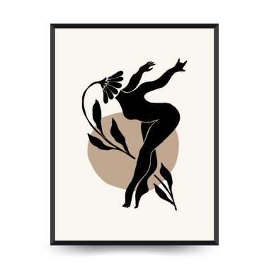 Vücut, kadın ve çiçekli Modern Sanat Posteri. Matisse Soyut Set, Estetik Modern, Boho Dekor, Minimalist, İllüstrasyon, Vector, Poster, Kartpostal. Estetik minimalist tasarım. Vektör illüstrasyonları.