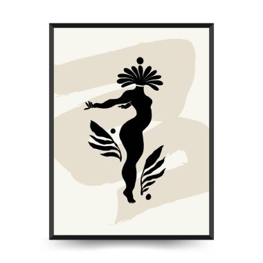 Vücut, kadın ve çiçekli Modern Sanat Posteri. Matisse Soyut Set, Estetik Modern, Boho Dekor, Minimalist, İllüstrasyon, Vector, Poster, Kartpostal. Estetik minimalist tasarım. Vektör illüstrasyonları.