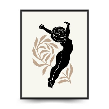 Vücut, kadın ve çiçekli Modern Sanat Posteri. Matisse Soyut Set, Estetik Modern, Boho Dekor, Minimalist, İllüstrasyon, Vector, Poster, Kartpostal. Estetik minimalist tasarım. Vektör illüstrasyonları.