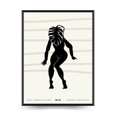 Vücut, kadın ve çiçekli Modern Sanat Posteri. Matisse Soyut Set, Estetik Modern, Boho Dekor, Minimalist, İllüstrasyon, Vector, Poster, Kartpostal. Estetik minimalist tasarım. Vektör illüstrasyonları.