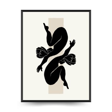 Vücut, kadın ve çiçekli Modern Sanat Posteri. Matisse Soyut Set, Estetik Modern, Boho Dekor, Minimalist, İllüstrasyon, Vector, Poster, Kartpostal. Estetik minimalist tasarım. Vektör illüstrasyonları.