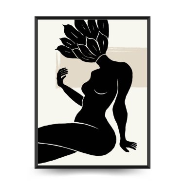 Vücut, kadın ve çiçekli Modern Sanat Posteri. Matisse Soyut Set, Estetik Modern, Boho Dekor, Minimalist, İllüstrasyon, Vector, Poster, Kartpostal. Estetik minimalist tasarım. Vektör illüstrasyonları.