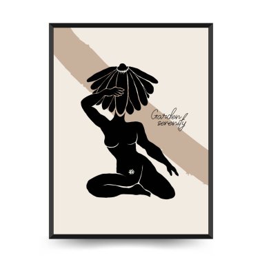 Vücut, kadın ve çiçekli Modern Sanat Posteri. Matisse Soyut Set, Estetik Modern, Boho Dekor, Minimalist, İllüstrasyon, Vector, Poster, Kartpostal. Estetik minimalist tasarım. Vektör illüstrasyonları.