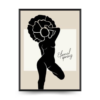 Vücut, kadın ve çiçekli Modern Sanat Posteri. Matisse Soyut Set, Estetik Modern, Boho Dekor, Minimalist, İllüstrasyon, Vector, Poster, Kartpostal. Estetik minimalist tasarım. Vektör illüstrasyonları.